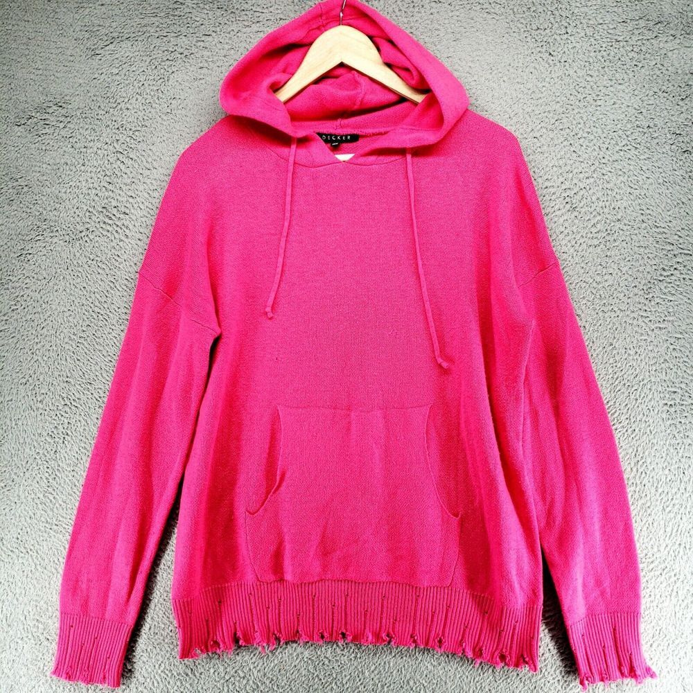 DECKER (FATE) Pink Womens L Solid Distressed Hooded‎ Sweater Wool Blend